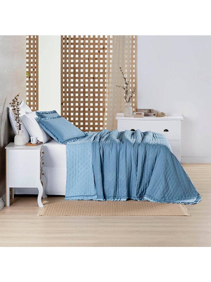 Kit cobre leito colcha vitta queen matelado c/ babadinhos 200 fios 3 peças azul