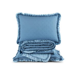 Kit cobre leito colcha vitta queen matelado c/ babadinhos 200 fios 3 peças azul