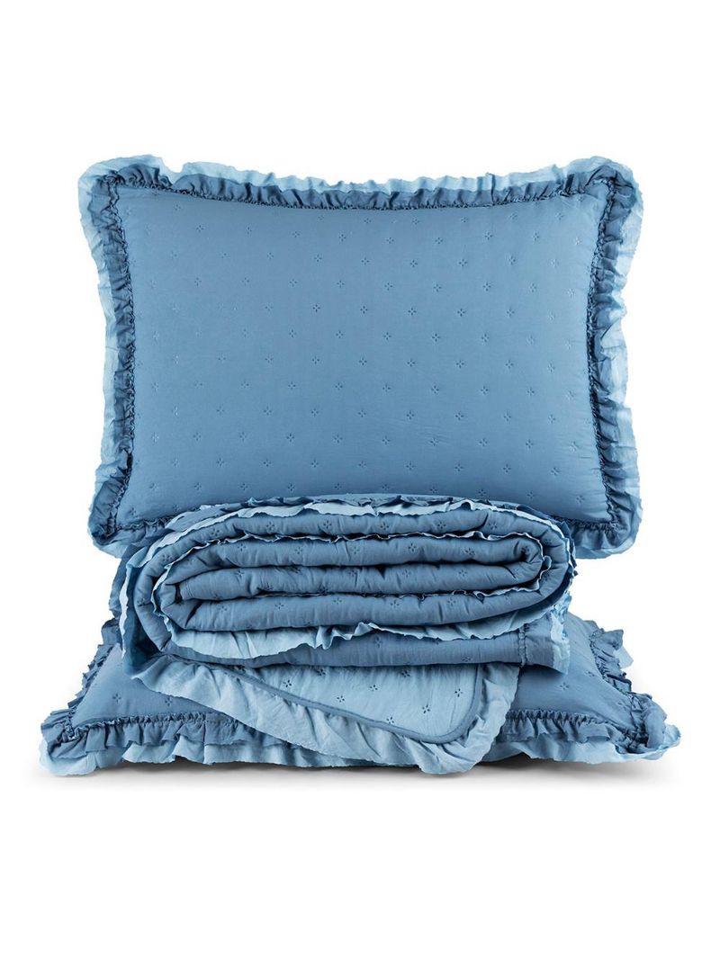 Kit cobre leito colcha vitta queen matelado c/ babadinhos 200 fios 3 peças azul