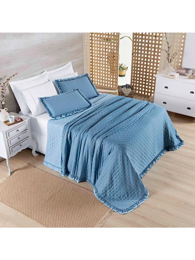 Kit cobre leito colcha vitta queen matelado c/ babadinhos 200 fios 3 peças azul