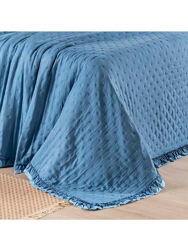 Kit cobre leito colcha vitta queen matelado c/ babadinhos 200 fios 3 peças azul