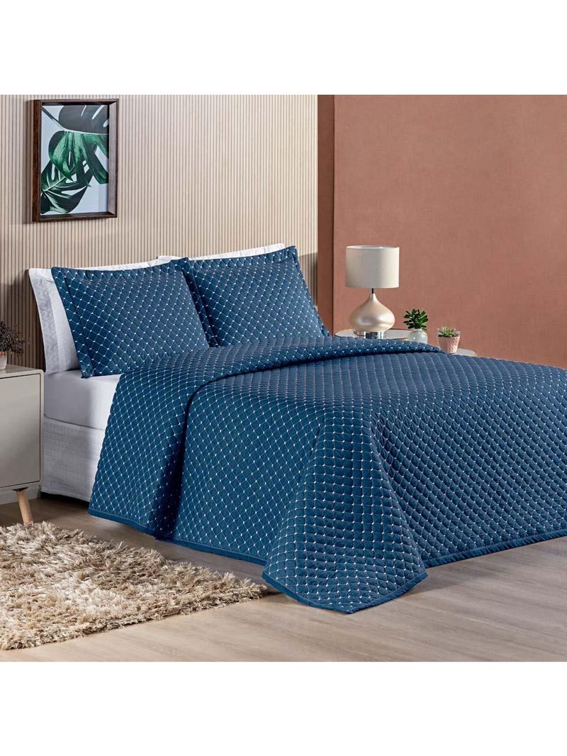 Kit cobre leito colcha vênus casal dupla face micropercal 200 fios liso 3 peças - azul marinho