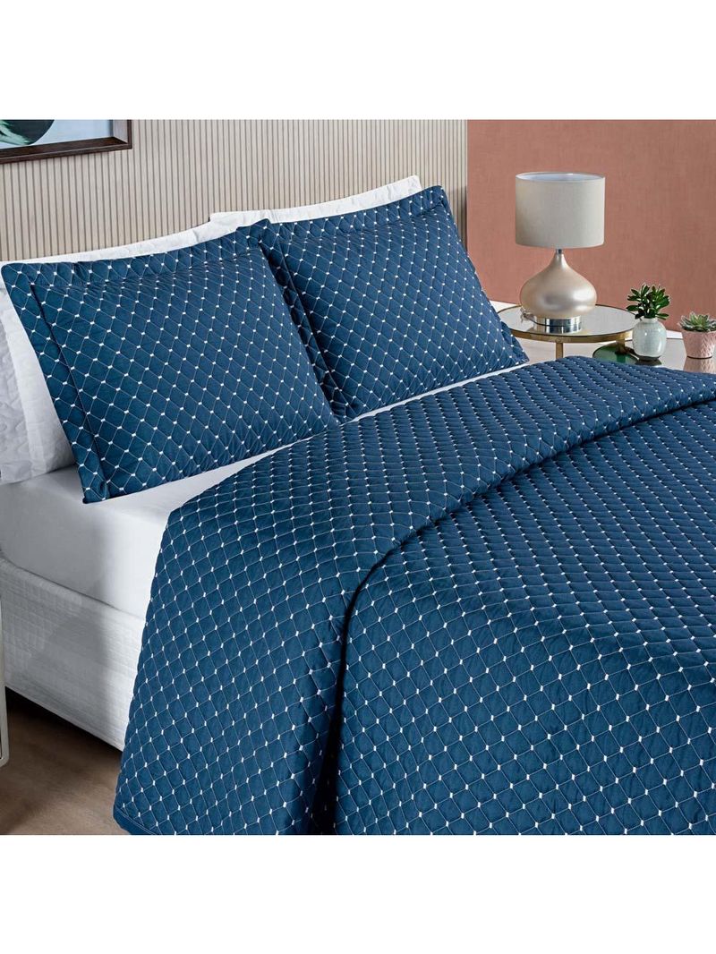 Kit cobre leito colcha vênus casal dupla face micropercal 200 fios liso 3 peças - azul marinho