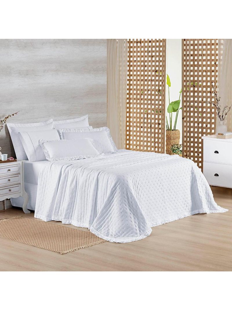 Kit cobre leito colcha vitta casal padrão matelado c/ babadinhos 200 fios 3 peças branco