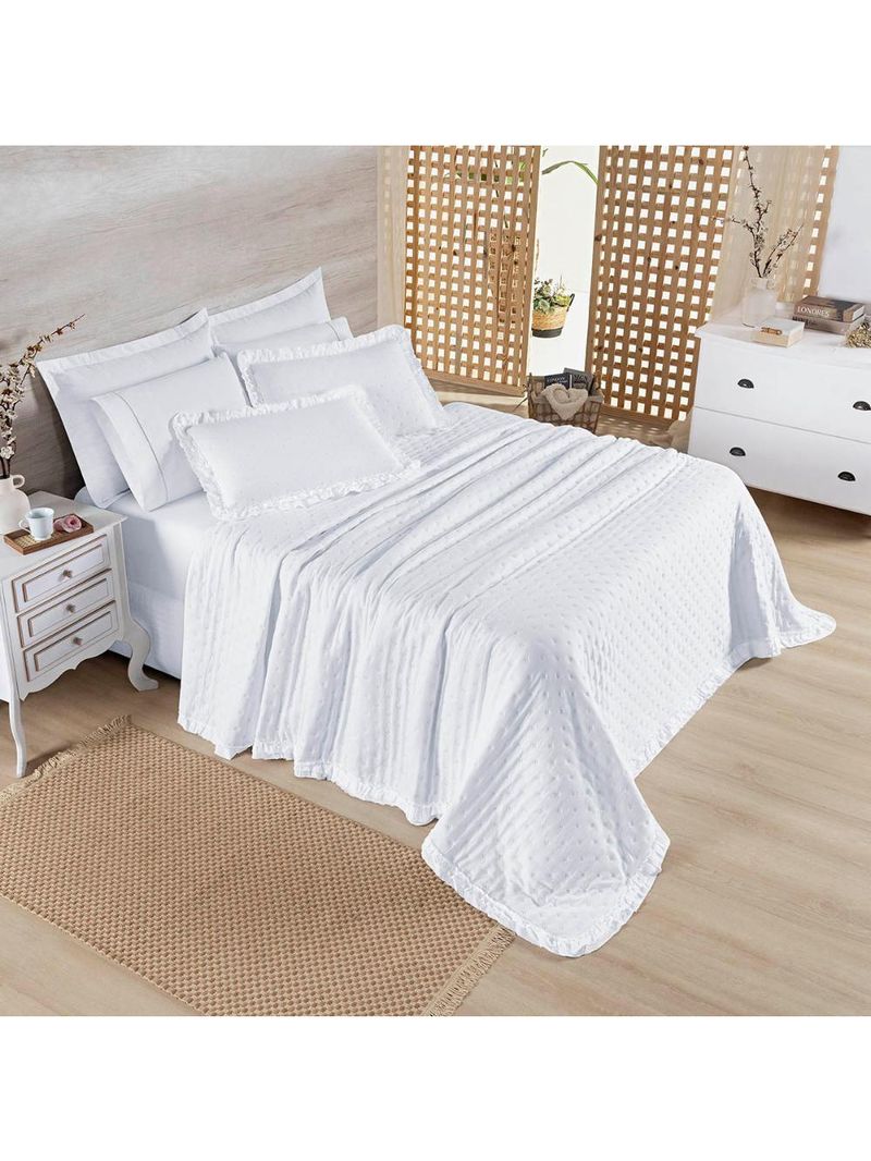 Kit cobre leito colcha vitta casal padrão matelado c/ babadinhos 200 fios 3 peças branco