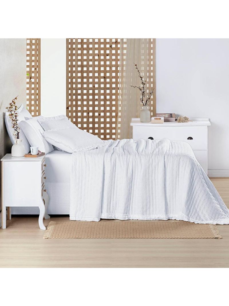 Kit cobre leito colcha vitta casal padrão matelado c/ babadinhos 200 fios 3 peças branco