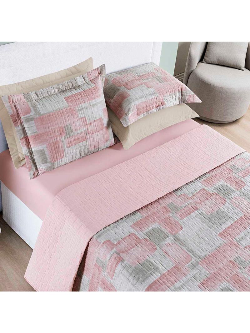 Kit cobre leito colcha maris king estampado dupla face percalle 200 fios 3 peças quadri rosê