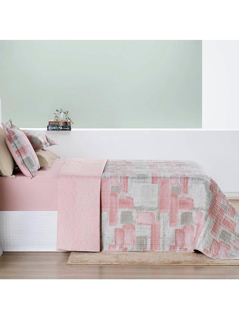 Kit cobre leito colcha maris king estampado dupla face percalle 200 fios 3 peças quadri rosê