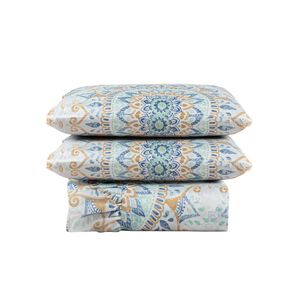 Kit cobre leito colcha turin casal estampada c/ babado 400 fios 3 peças mandala azul bege - 100% poliéster