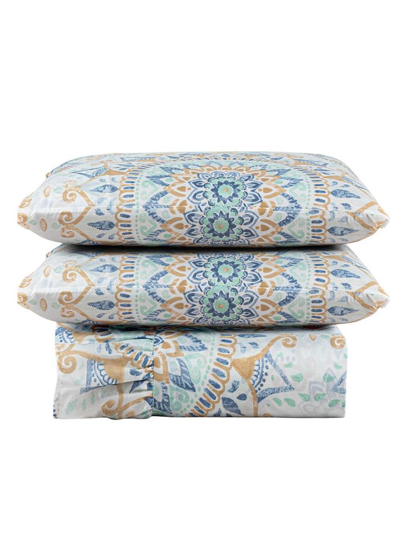 Kit cobre leito colcha turin casal estampada c/ babado 400 fios 3 peças mandala azul bege - 100% poliéster