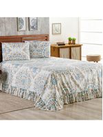 Kit cobre leito colcha turin casal estampada c/ babado 400 fios 3 peças mandala azul bege - 100% poliéster