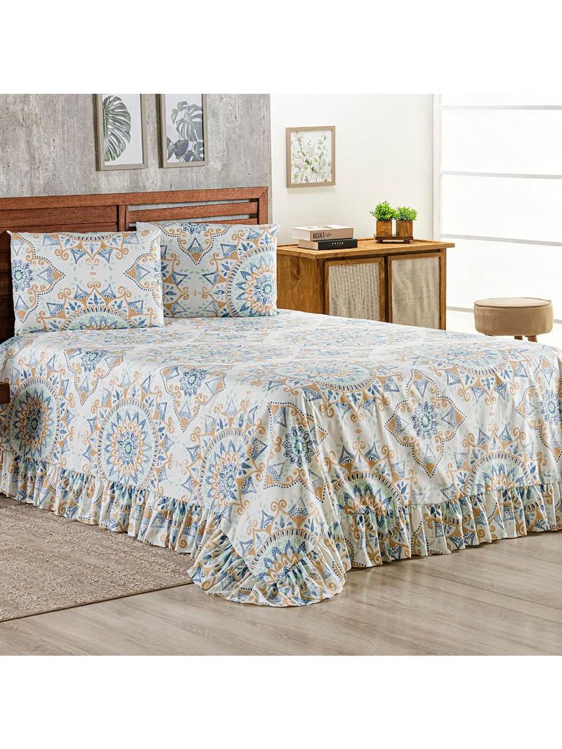 Kit cobre leito colcha turin casal estampada c/ babado 400 fios 3 peças mandala azul bege - 100% poliéster