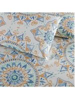 Kit cobre leito colcha turin casal estampada c/ babado 400 fios 3 peças mandala azul bege - 100% poliéster