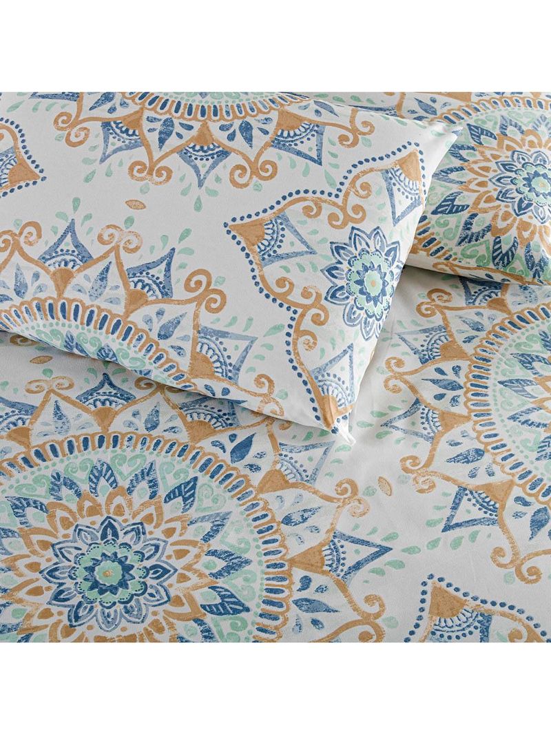 Kit cobre leito colcha turin casal estampada c/ babado 400 fios 3 peças mandala azul bege - 100% poliéster