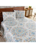 Kit cobre leito colcha turin casal estampada c/ babado 400 fios 3 peças mandala azul bege - 100% poliéster