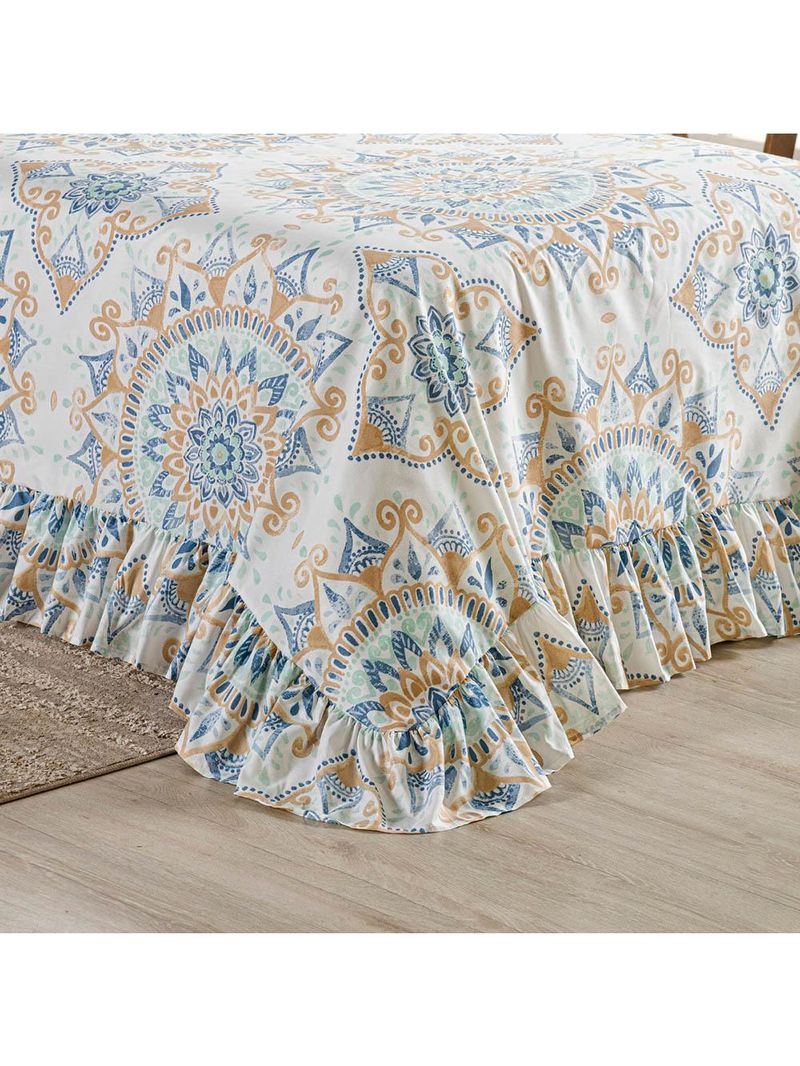 Kit cobre leito colcha turin casal estampada c/ babado 400 fios 3 peças mandala azul bege - 100% poliéster
