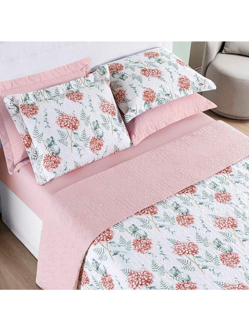 Kit cobre leito colcha maris king estampado dupla face percalle 200 fios 3 peças hortênsia salmão