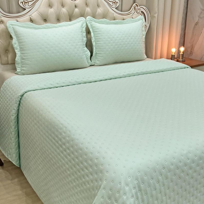 Kit cobre leito colcha perone casal padrão dupla face toque de pluma micro percal 300 fios 3 peças - verde tifany