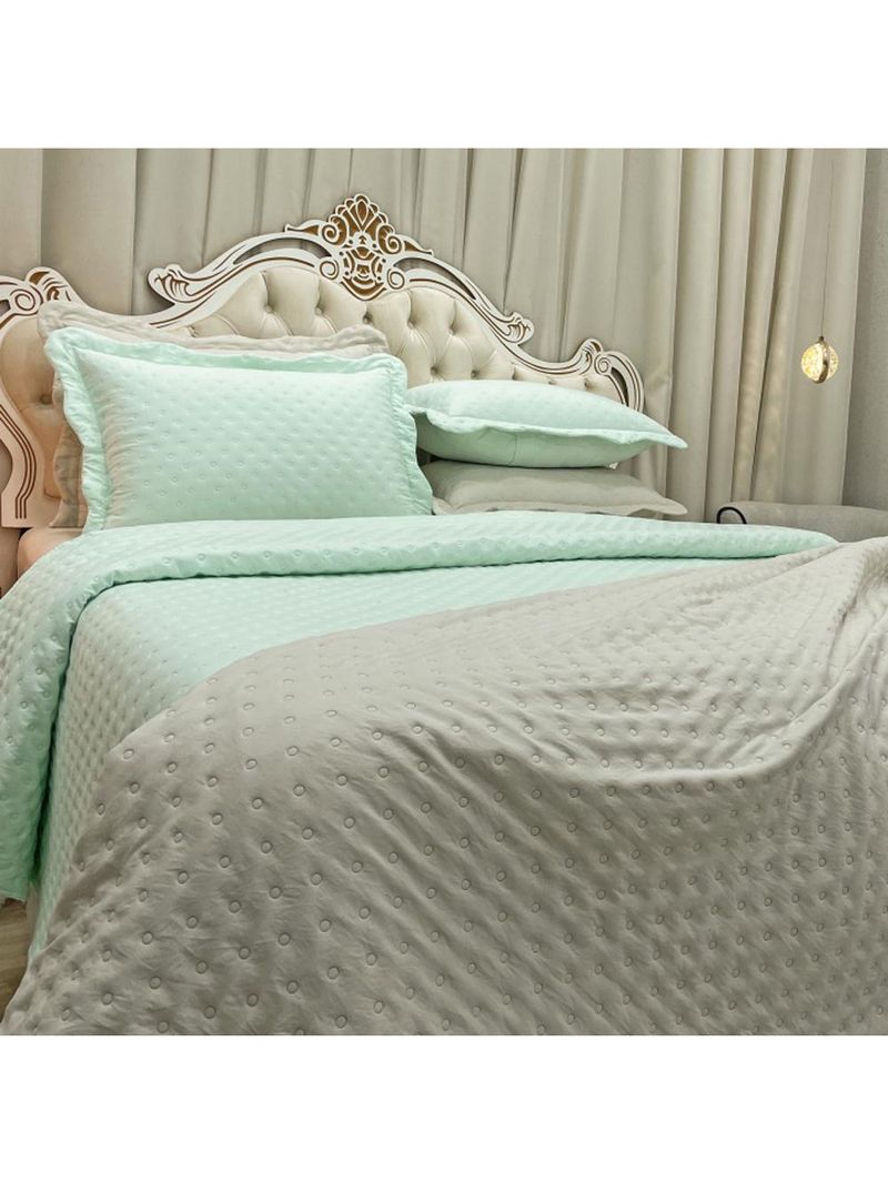 Kit cobre leito colcha perone casal padrão dupla face toque de pluma micro percal 300 fios 3 peças - verde tifany