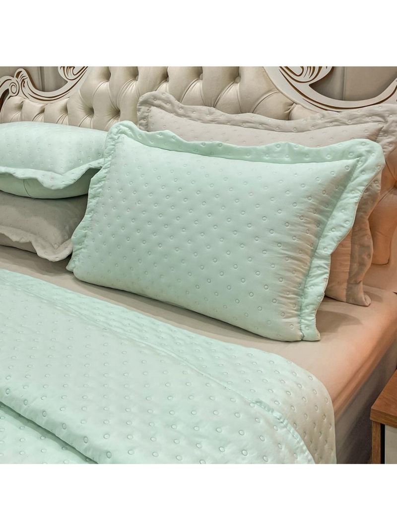 Kit cobre leito colcha perone casal padrão dupla face toque de pluma micro percal 300 fios 3 peças - verde tifany