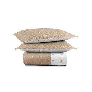 Kit cobre leito colcha meggy poá queen dupla face micropercal 200 fios 3 peças - bege