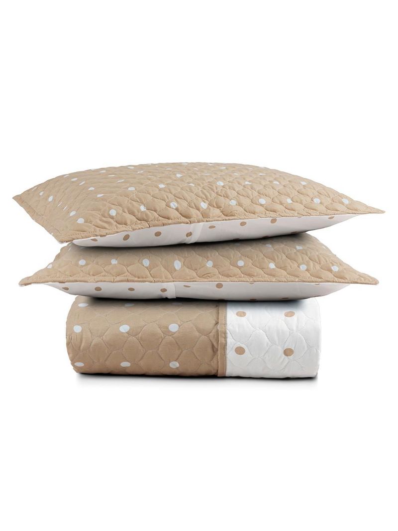 Kit cobre leito colcha meggy poá queen dupla face micropercal 200 fios 3 peças - bege