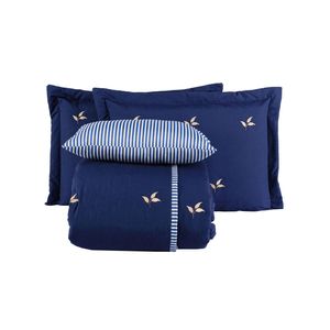 Kit cobre leito colcha melini queen 200 fios bordado listrado 5 peças - azul marinho