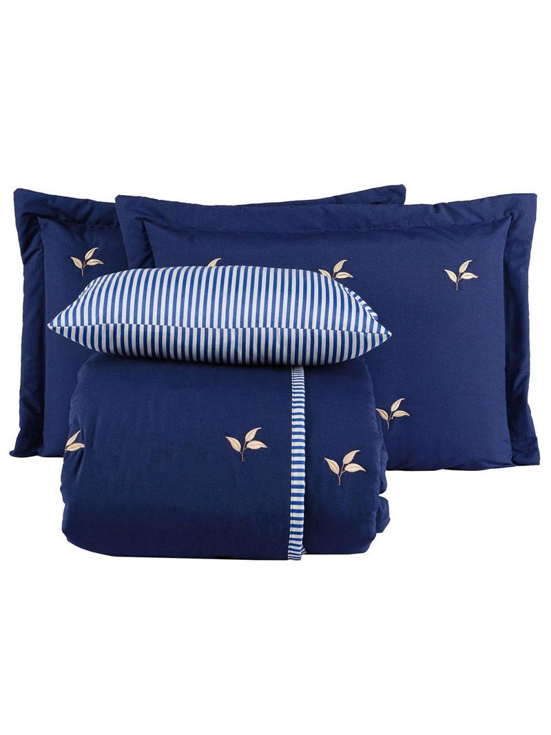 Kit cobre leito colcha melini queen 200 fios bordado listrado 5 peças - azul marinho