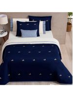 Kit cobre leito colcha melini queen 200 fios bordado listrado 5 peças - azul marinho