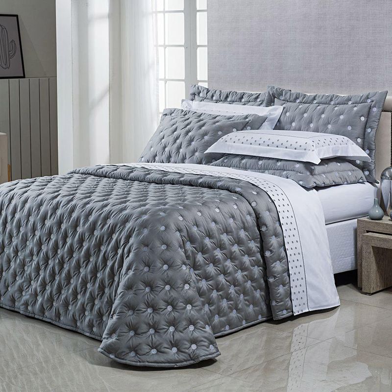 Kit cobre leito colcha garland queen 100% algodão 400 fios acetinado bordado 5 peças - cinza escuro