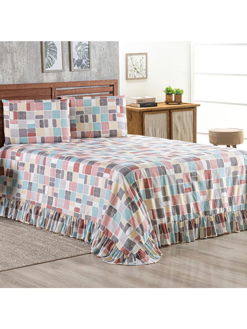 Kit cobre leito colcha turin queen estampada c/ babado 400 fios 3 peças pastilhas coloridas rosê
