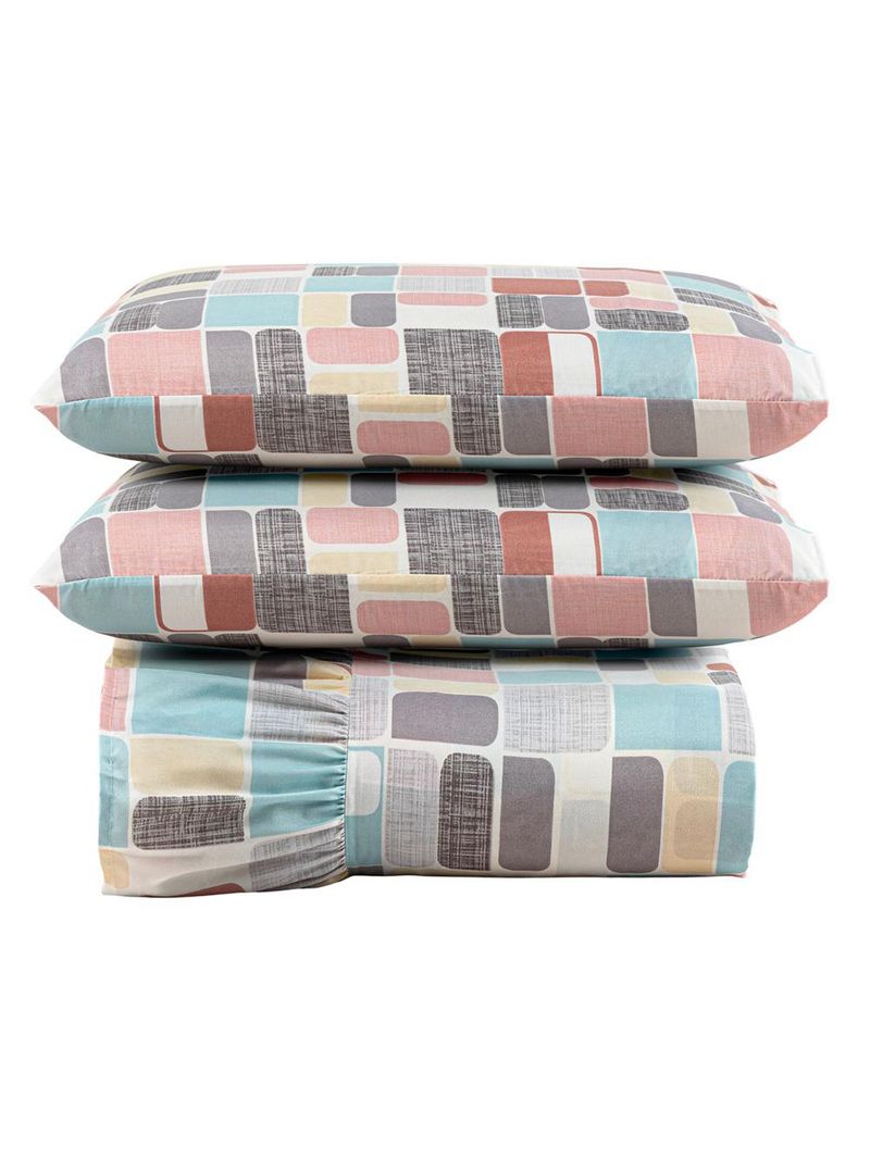 Kit cobre leito colcha turin queen estampada c/ babado 400 fios 3 peças pastilhas coloridas rosê