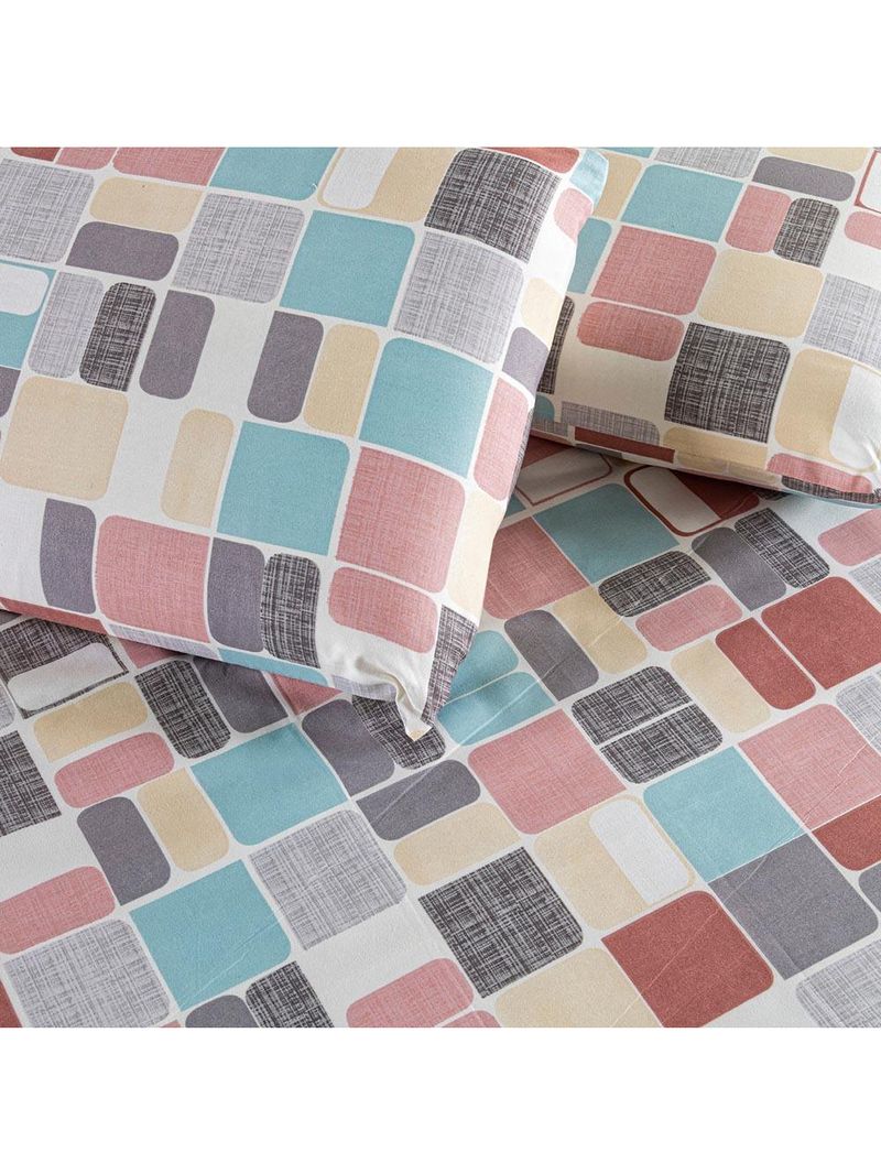 Kit cobre leito colcha turin queen estampada c/ babado 400 fios 3 peças pastilhas coloridas rosê