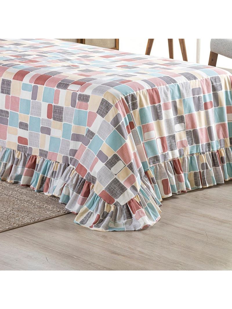 Kit cobre leito colcha turin queen estampada c/ babado 400 fios 3 peças pastilhas coloridas rosê