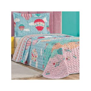 Kit cobre leito colcha solteiro infantil fantasy dupla face microfibra 2 peças - balão - rosa