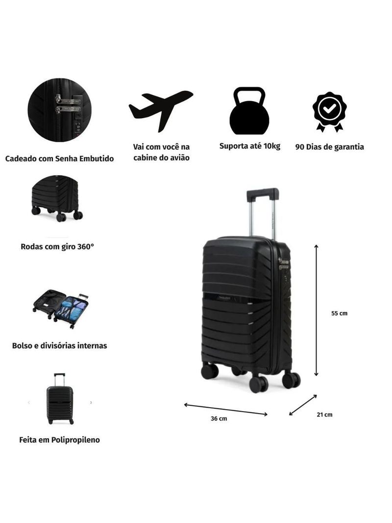 Mala de viagem pequena 10 kg polipropileno 4 rodas rover preta