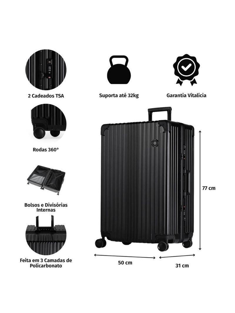 Mala grande de policarbonato 4 rodas kyoto ii preta