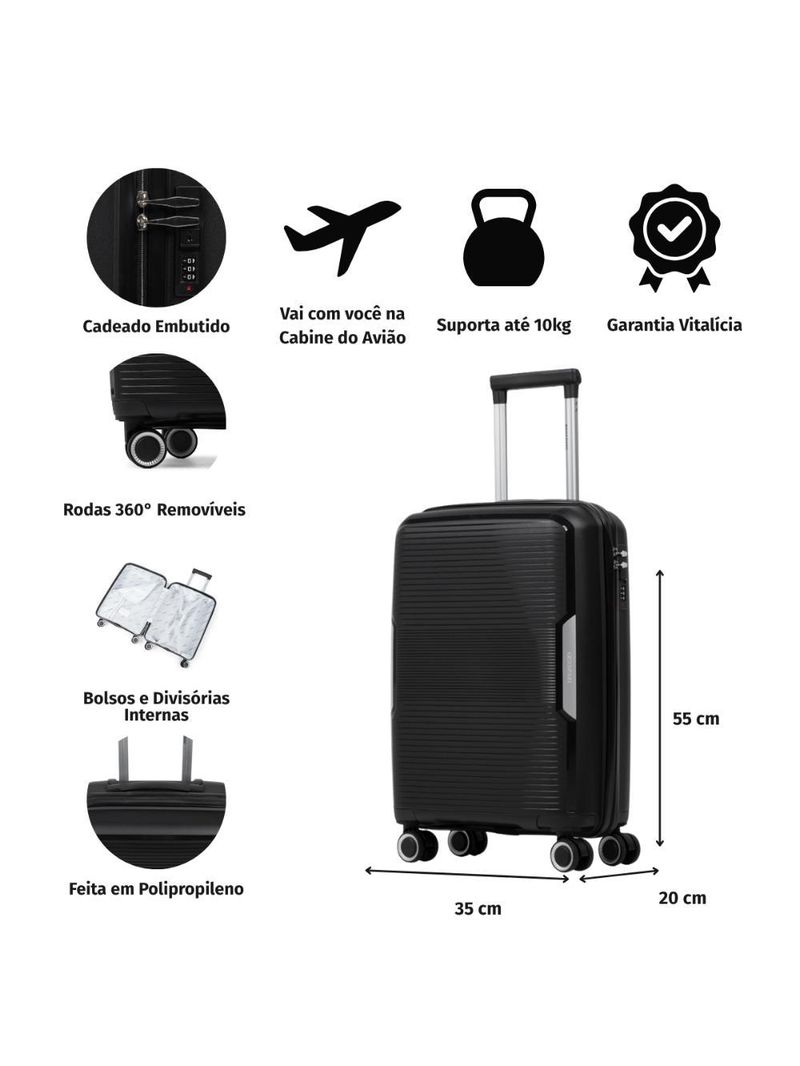 Mala de bordo de polipropileno 4 rodas malta preto