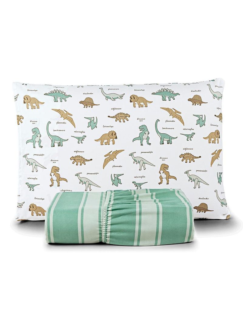 Jogo de cama lençol lutti solteiro infantil 200 fios estampado 2 peças dinossauro verde