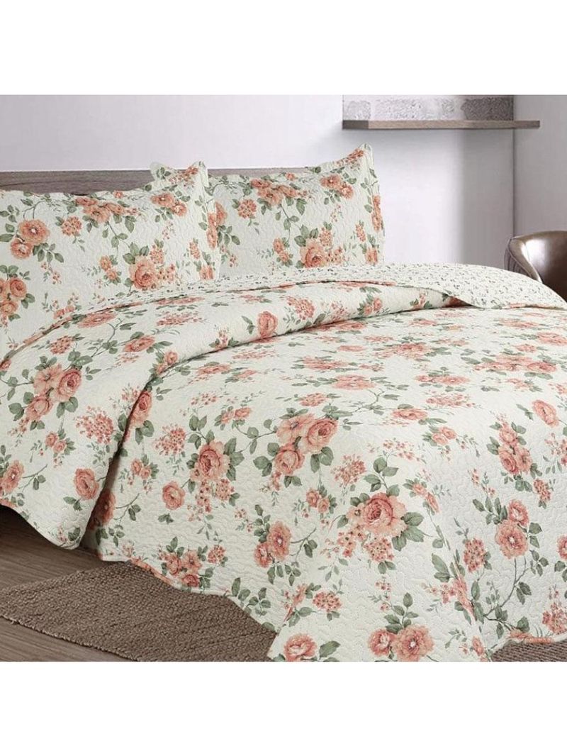 Kit cobre leito colcha mix queen estampado dupla face floral 3 peças - débora