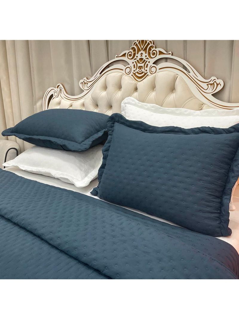 Kit cobre leito colcha perone queen dupla face toque de pluma micro percal 300 fios 3 peças - azul marinho