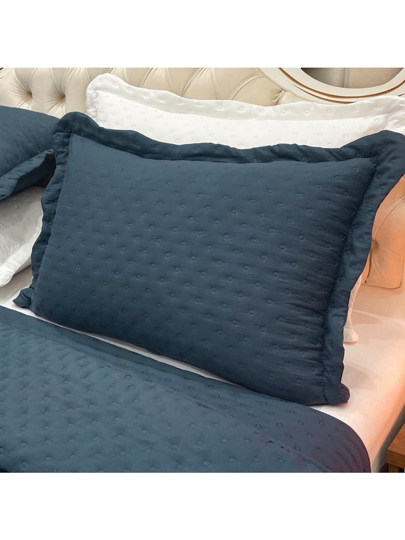 Kit cobre leito colcha perone queen dupla face toque de pluma micro percal 300 fios 3 peças - azul marinho