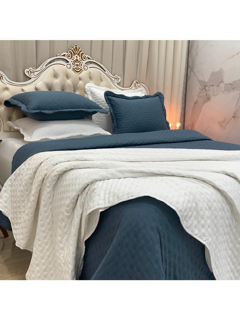 Kit cobre leito colcha perone queen dupla face toque de pluma micro percal 300 fios 3 peças - azul marinho
