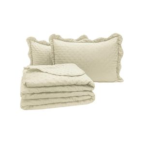 Kit cobre leito colcha perone casal padrão dupla face toque de pluma micro percal 300 fios 3 peças - palha