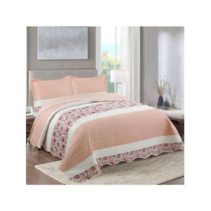 Kit cobre leito colcha mix queen estampado dupla face floral 3 peças - talita - salmão
