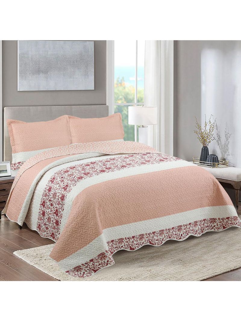 Kit cobre leito colcha mix queen estampado dupla face floral 3 peças - talita - salmão