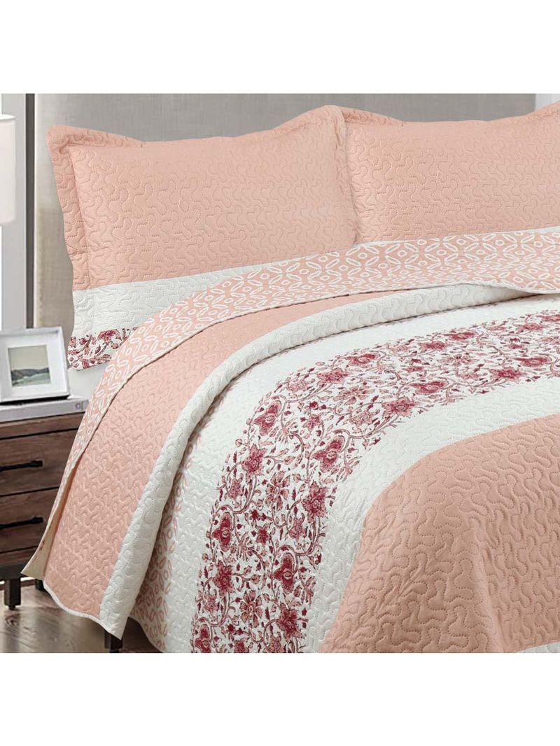 Kit cobre leito colcha mix queen estampado dupla face floral 3 peças - talita - salmão
