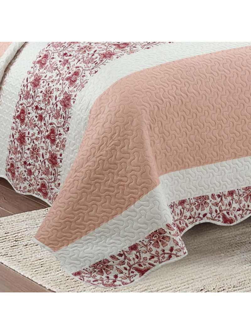 Kit cobre leito colcha mix queen estampado dupla face floral 3 peças - talita - salmão