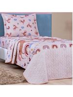 Kit cobre leito colcha solteiro infantil fantasy dupla face microfibra 2 peças - unicórnio - rosê