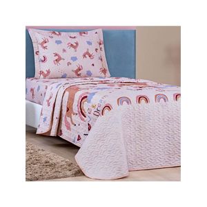 Kit cobre leito colcha solteiro infantil fantasy dupla face microfibra 2 peças - unicórnio - rosê